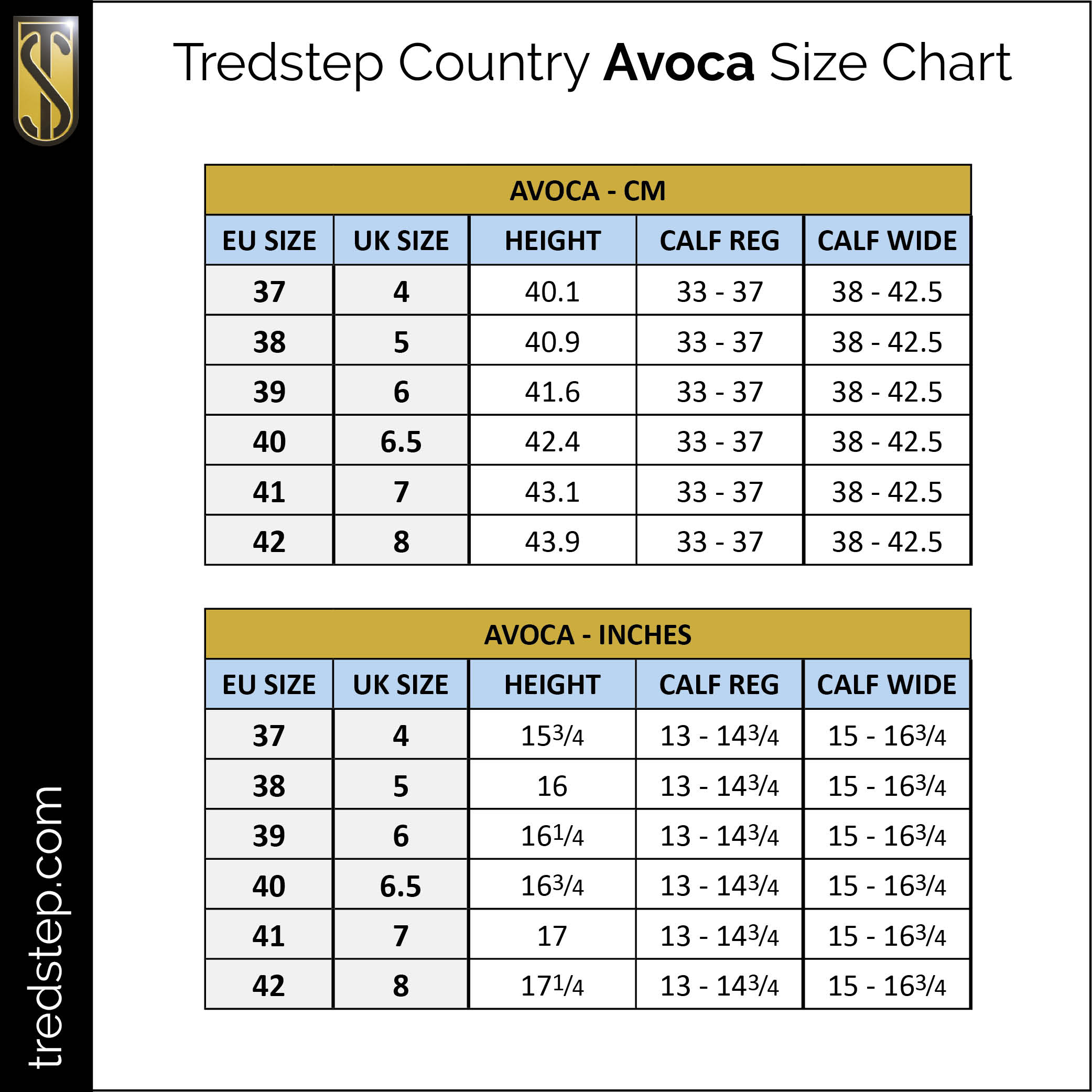 Tredstep Boots Size Chart